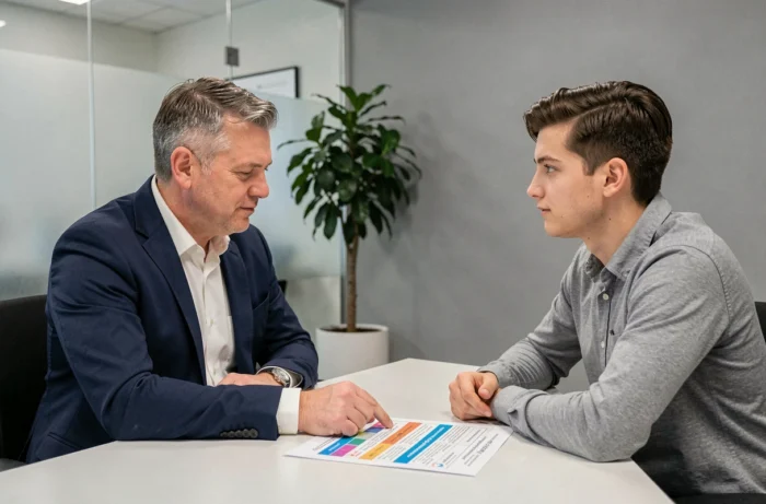 Conseiller en orientation professionnelle présentant les résultats d'un test de personnalité à un jeune adulte