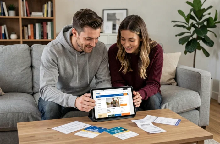 Couple consultant un site de bons plans et réductions en famille depuis leur canapé avec une tablette