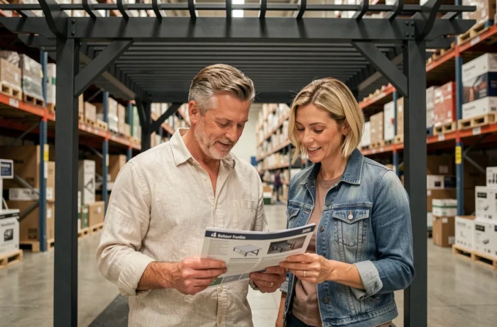 Couple examinant une pergola 5x4 anthracite en magasin Brico Dépôt avec notice de montage
