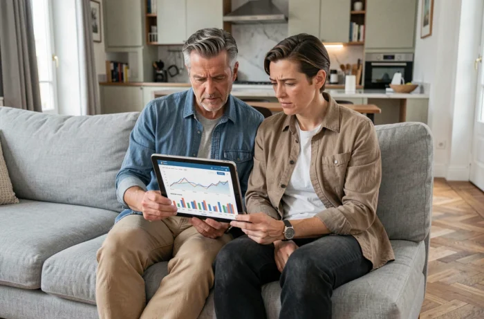 Couple examinant une estimation de bien immobilier sur tablette depuis leur salon