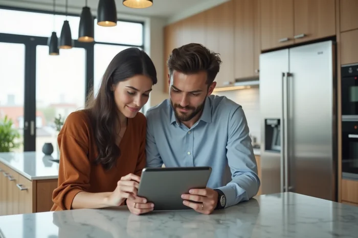 Couple étudiant ensemble des opportunités d'investissement immobilier en ligne sur une tablette dans une cuisine moderne