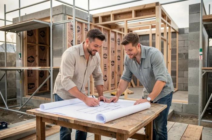 Couple examinant des plans de construction sur une terrasse en bois d'une petite maison moderne en cours de construction