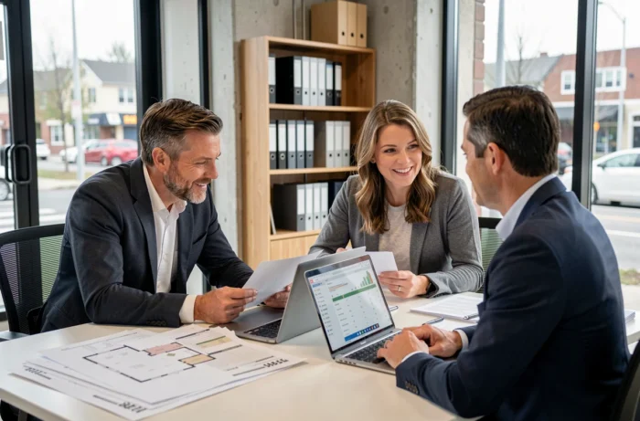 Un couple discutant de leur projet immobilier avec un agent dans une agence moderne