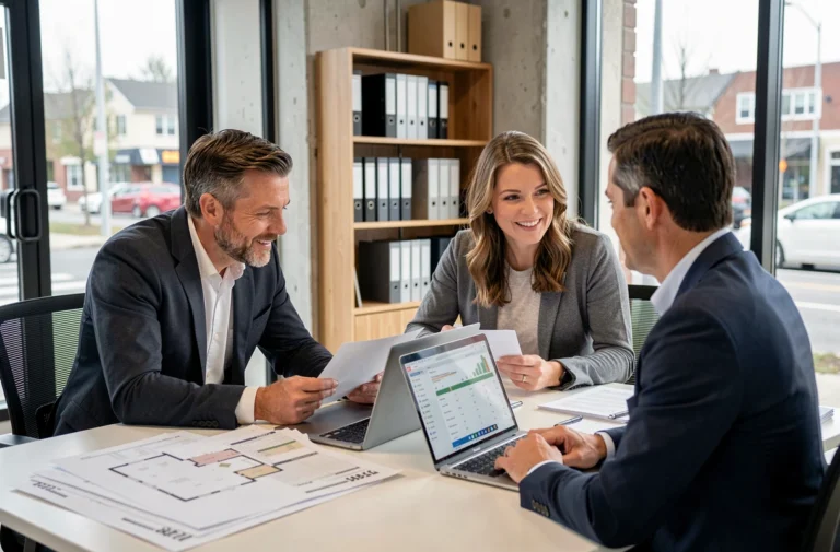 Un couple discutant de leur projet immobilier avec un agent dans une agence moderne