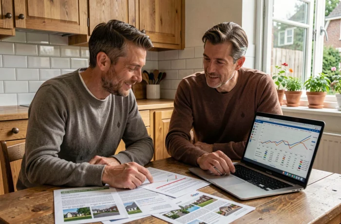 Couple recherchant l'évolution des prix immobiliers en Belgique ensemble à leur table de cuisine
