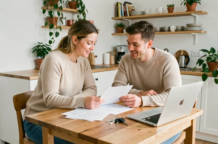 Couple de locataires signant un contrat de location autour d'une table en bois dans un appartement confortable