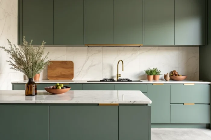 Cuisine moderne avec meubles vert sauge, robinetterie laiton et crédence en zellige tendance décoration intérieure