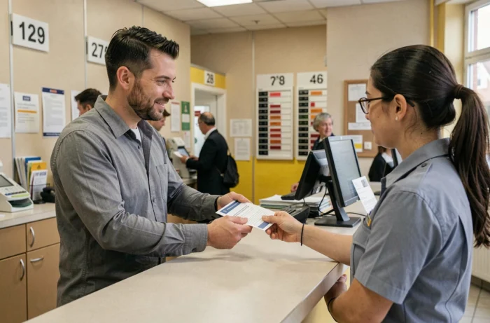 Homme déposant sa demande de renouvellement de passeport au guichet d'un bureau de poste
