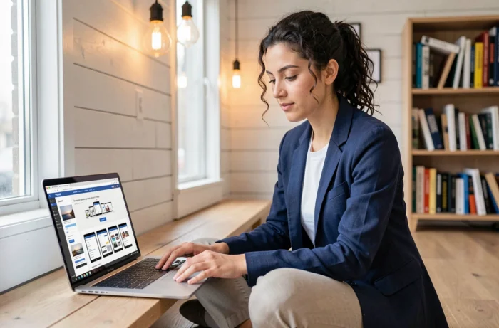 Jeune designeuse UX travaillant sur un site web responsive depuis son ordinateur portable dans un espace de coworking lumineux