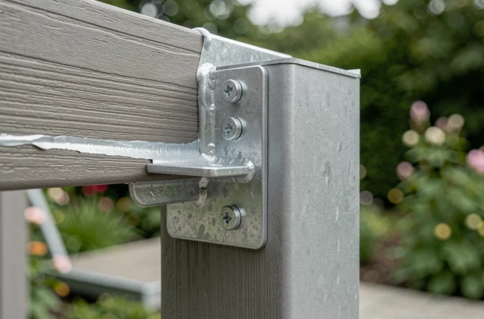 Détail de l'assemblage et des fixations d'une pergola 5x4 durable en acier galvanisé et composite