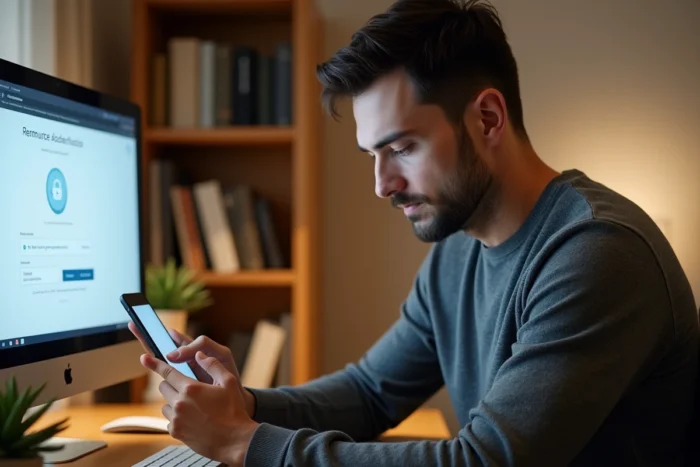 Homme en pull gris utilisant l'authentification à deux facteurs sur smartphone et ordinateur de bureau à domicile pour sécuriser son accès webmail
