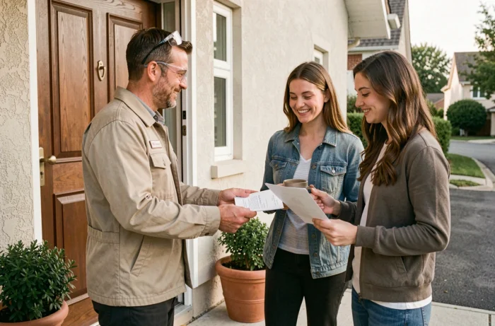 Électricien remettant un rapport d'intervention signé à un couple de clients devant leur domicile, symbolisant la transparence et la satisfaction après une prestation à domicile