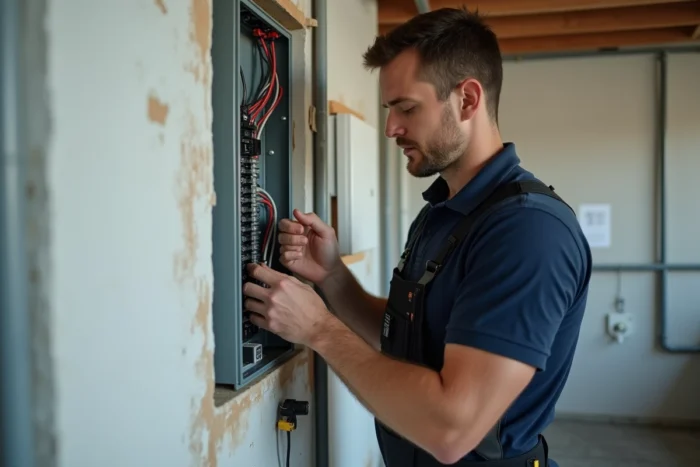 Électricien connectant des câbles dans un tableau électrique lors de travaux de mise aux normes