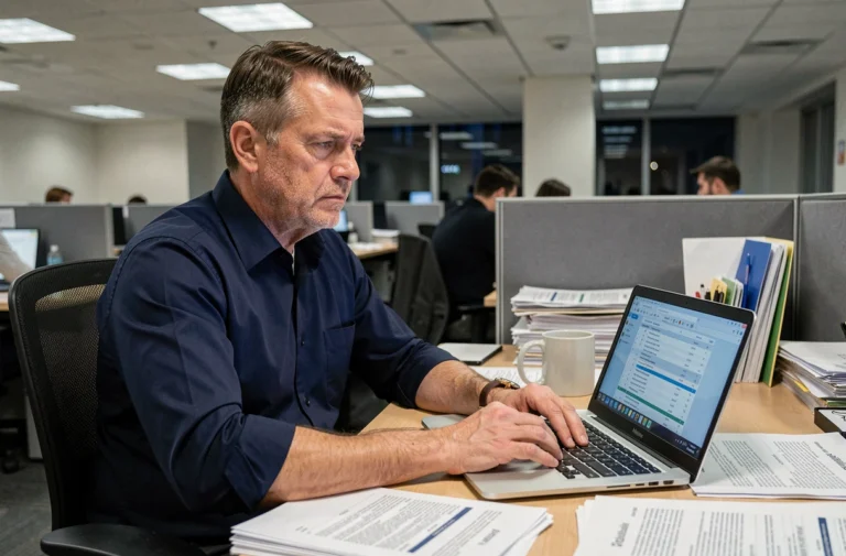Employé de bureau travaillant de longues heures devant un ordinateur portable dans un open space moderne, illustrant le temps de travail légal en France