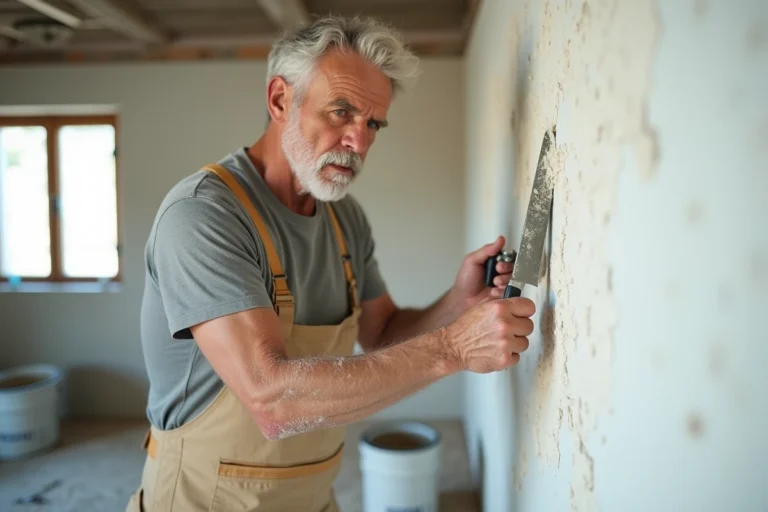 Homme en train d'enlever du plâtre sec sur un mur intérieur avec une spatule métallique lors de travaux de rénovation
