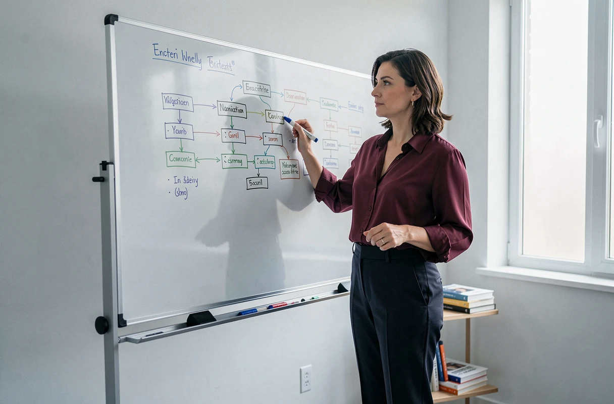 Femme entrepreneures dessinant la structure de navigation d'un blog sur un tableau blanc dans un studio minimaliste