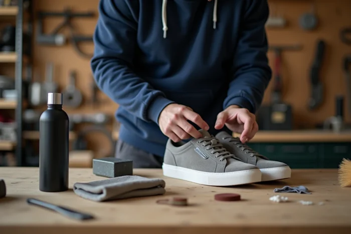Homme appliquant un spray protecteur sur des sneakers en daim gris sur un établi en bois dans un atelier rangé