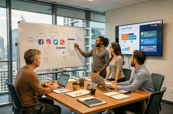 Équipe marketing en réunion de brainstorming autour d'un tableau blanc avec stratégie SEO et réseaux sociaux