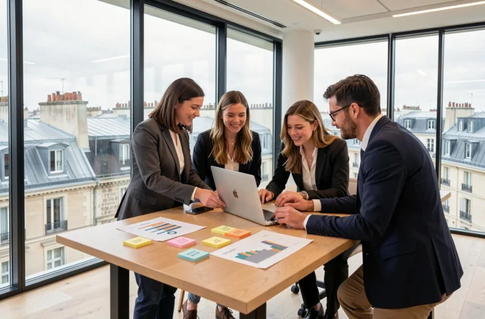 Équipe de professionnels en réunion dans un espace de coworking parisien, offres d'emploi par secteur à Paris