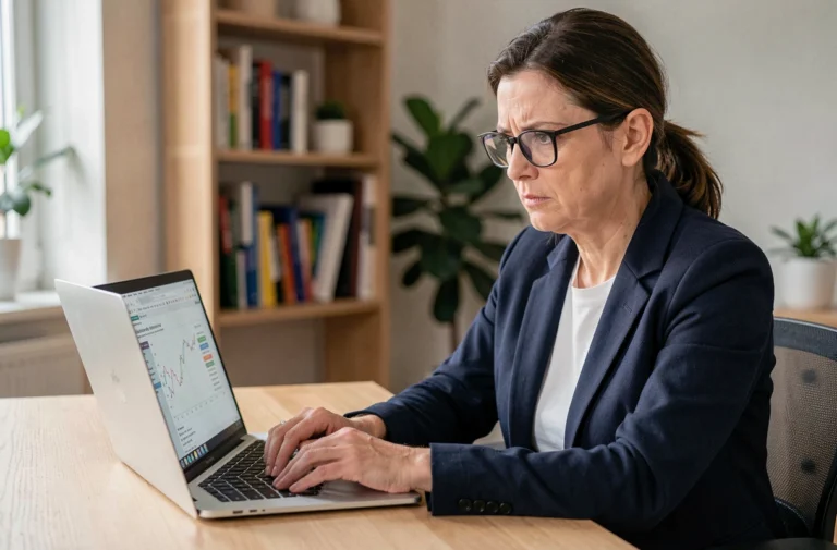 Femme consultant une estimation immobilière en ligne sur son ordinateur portable dans un bureau à domicile moderne