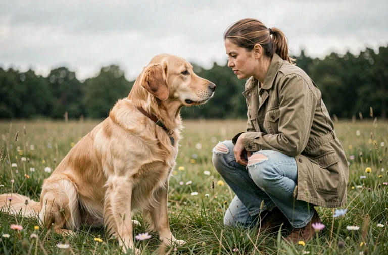 Éthologue observant un chien golden retriever dans un pré, étude de la communication animale en milieu naturel
