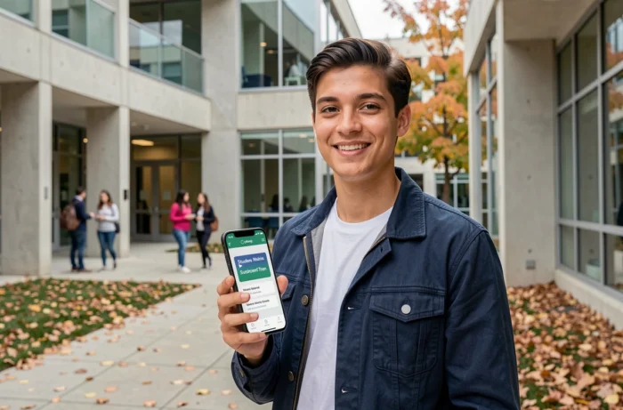 Étudiant consultant les avantages de son adresse mail étudiante sur smartphone devant un campus universitaire