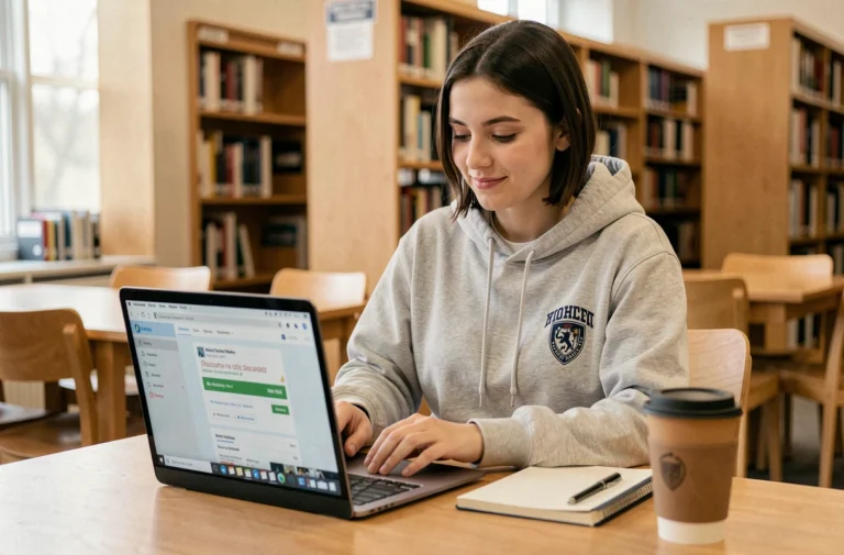 Étudiante utilisant son adresse mail universitaire sur un ordinateur portable dans une bibliothèque moderne
