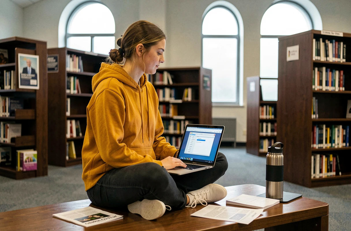 Étudiante utilisant LibreOffice Impress dans une bibliothèque universitaire pour sauvegarder une présentation en format PDF