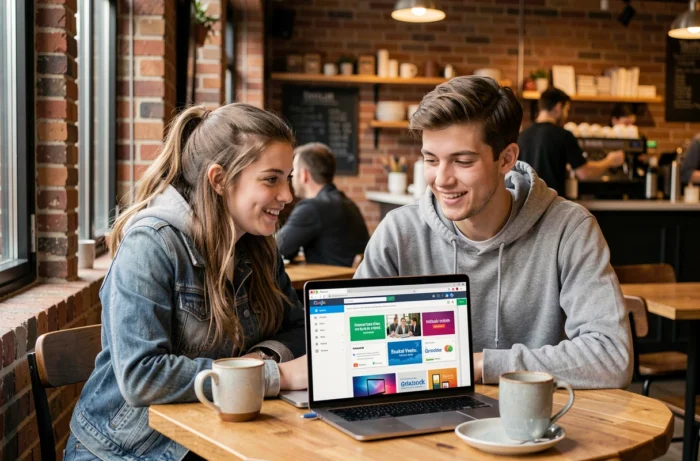 Deux étudiants découvrant ensemble les offres exclusives liées à une adresse mail étudiante dans un café