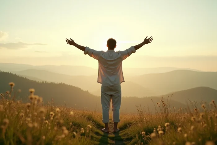 Homme debout dans une prairie brumeuse au lever du jour, les bras ouverts, symbolisant l'éveil spirituel et la transition vers la conscience 5D