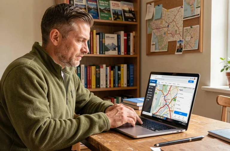 Homme consultant ViaMichelin sur un ordinateur portable pour exporter un fichier GPX d'itinéraire