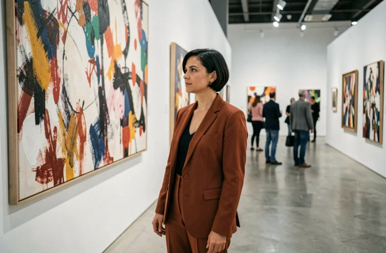 Femme explorant une exposition d'art contemporain dans une galerie moderne, tendances culturelles actuelles