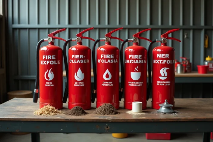Cinq extincteurs représentant les différentes classes de feu alignés sur un établi industriel avec matériaux représentatifs