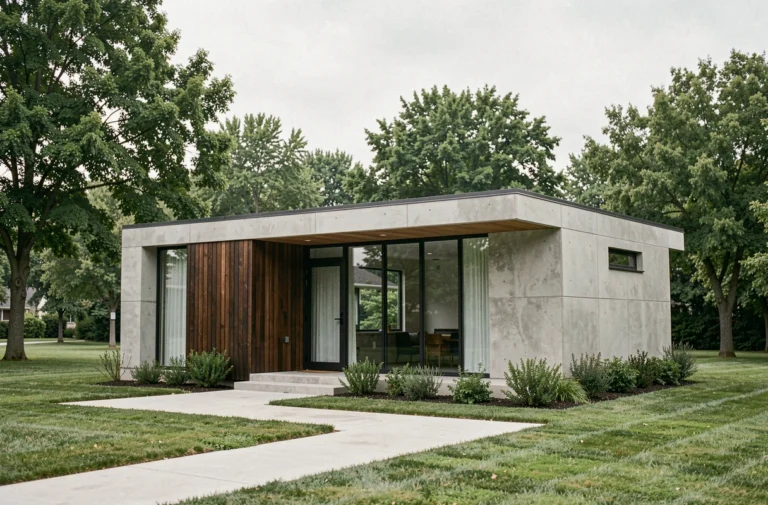 Façade d'une petite maison moderne avec toit plat, bardage bois sombre et grandes baies vitrées dans un jardin verdoyant