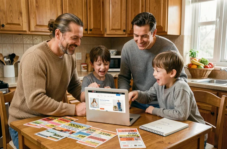 Famille réunie autour d'une table de cuisine pour planifier leurs achats et profiter des meilleures réductions ensemble