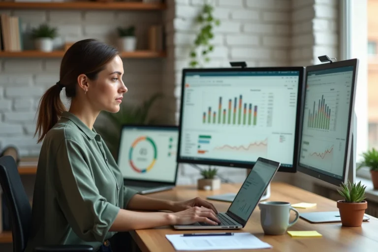Femme professionnelle analysant des données de présence web sur un écran d'ordinateur dans un bureau moderne