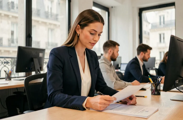 Femme cadre parisienne dans un bureau moderne en open space, secteurs d'emploi en forte croissance à Paris en 2024