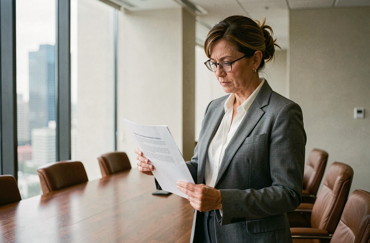 Femme cadre consultant un document sur le droit du travail et la durée légale du temps de travail dans une salle de réunion d'entreprise
