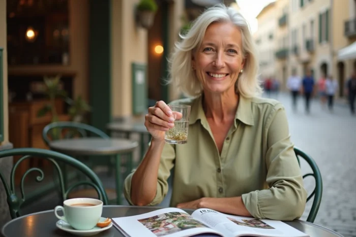 Femme en terrasse de café dégustant une boisson aux gouttes Climaxol et lisant un magazine santé sur la minceur