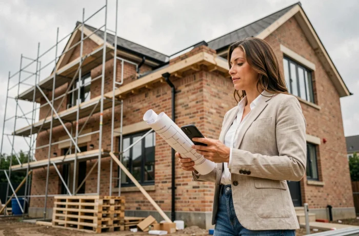 Une femme examinant les plans de sa future maison devant un chantier de construction