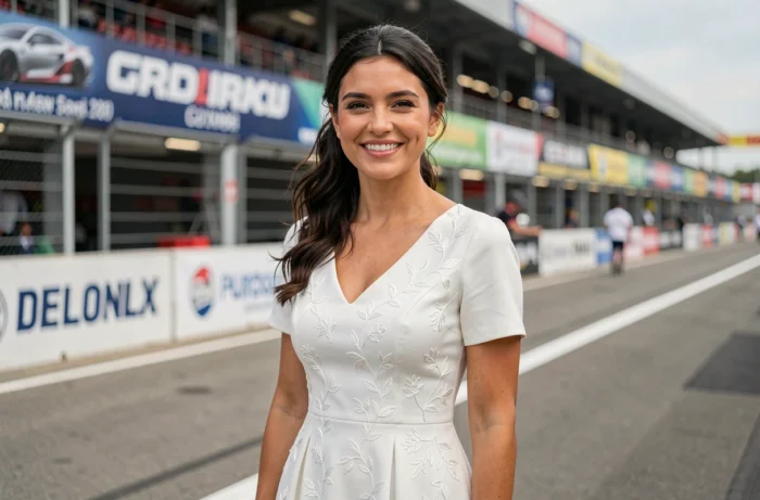 Femme élégante dans l'environnement d'un circuit automobile, évoquant l'univers de la Formule 1 et le parcours inspirant d'une compagne de champion