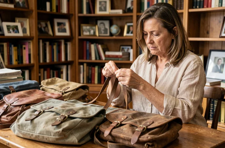 Femme passionnée d'hagietomamophilie examinant une collection de vieux cartables et sacs d'école vintage sur une table en bois