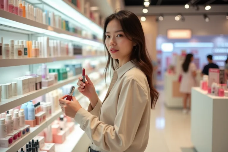 Jeune femme comparant des rouges à lèvres dans un magasin de cosmétiques, rayon maquillage moderne avec produits colorés en arrière-plan