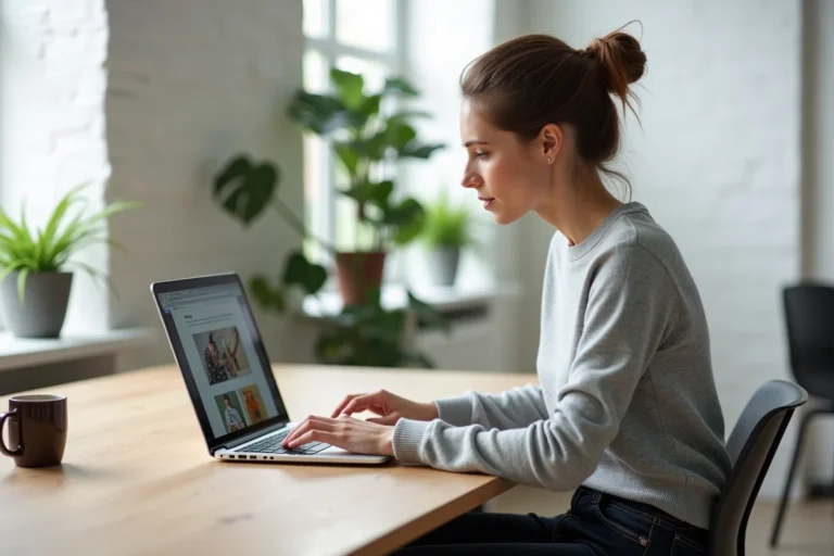 Femme professionnelle créant un site web sur un ordinateur portable dans un espace de coworking moderne