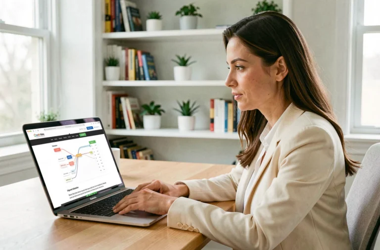 Femme entrepreneure consultant le plan du site d'un blog dédié à l'entrepreneuriat féminin sur un ordinateur portable dans un bureau à domicile