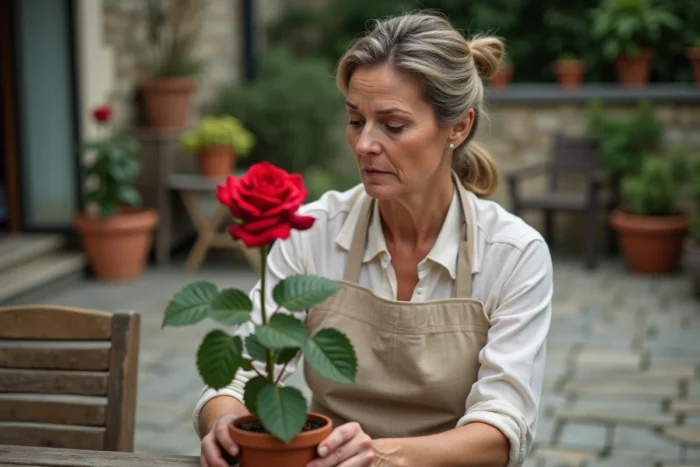 Femme examinant une rose fanée en pot sur une terrasse, diagnostic des causes d'affaissement des roses