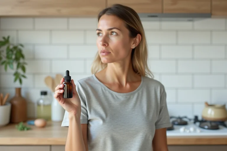 Femme examinant un flacon de gouttes phytothérapeutiques Climaxol dans sa cuisine, questionnant ses effets sur la perte de poids