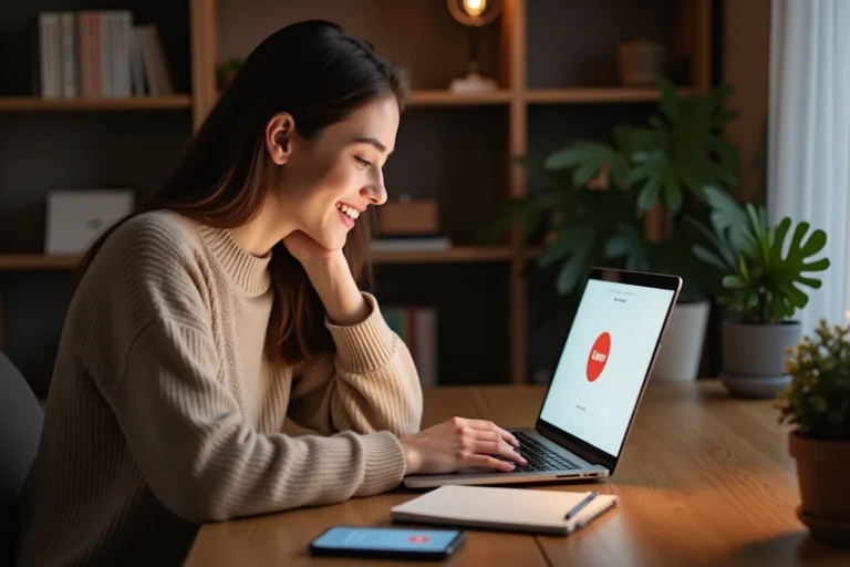 Jeune femme regardant des vidéos sur un ordinateur portable pour gagner de l'argent depuis chez elle