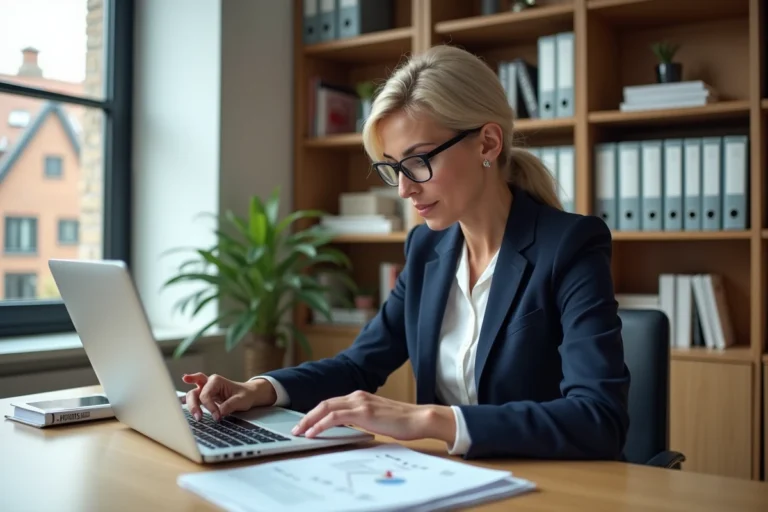 Femme professionnelle analysant des documents d'investissement immobilier en ligne sur un ordinateur portable dans un bureau à domicile moderne