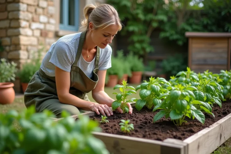 Femme jardinant naturellement dans un potager surélevé en bois avec des herbes aromatiques fraîches